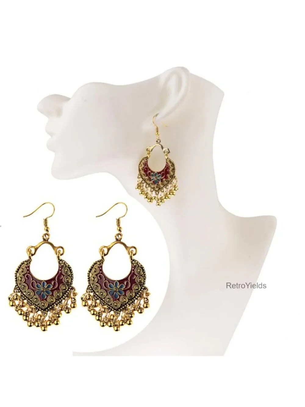 Vintage Boho Drop Dangle Earrings, Plated Base Metal, Wood Bead, Handmade